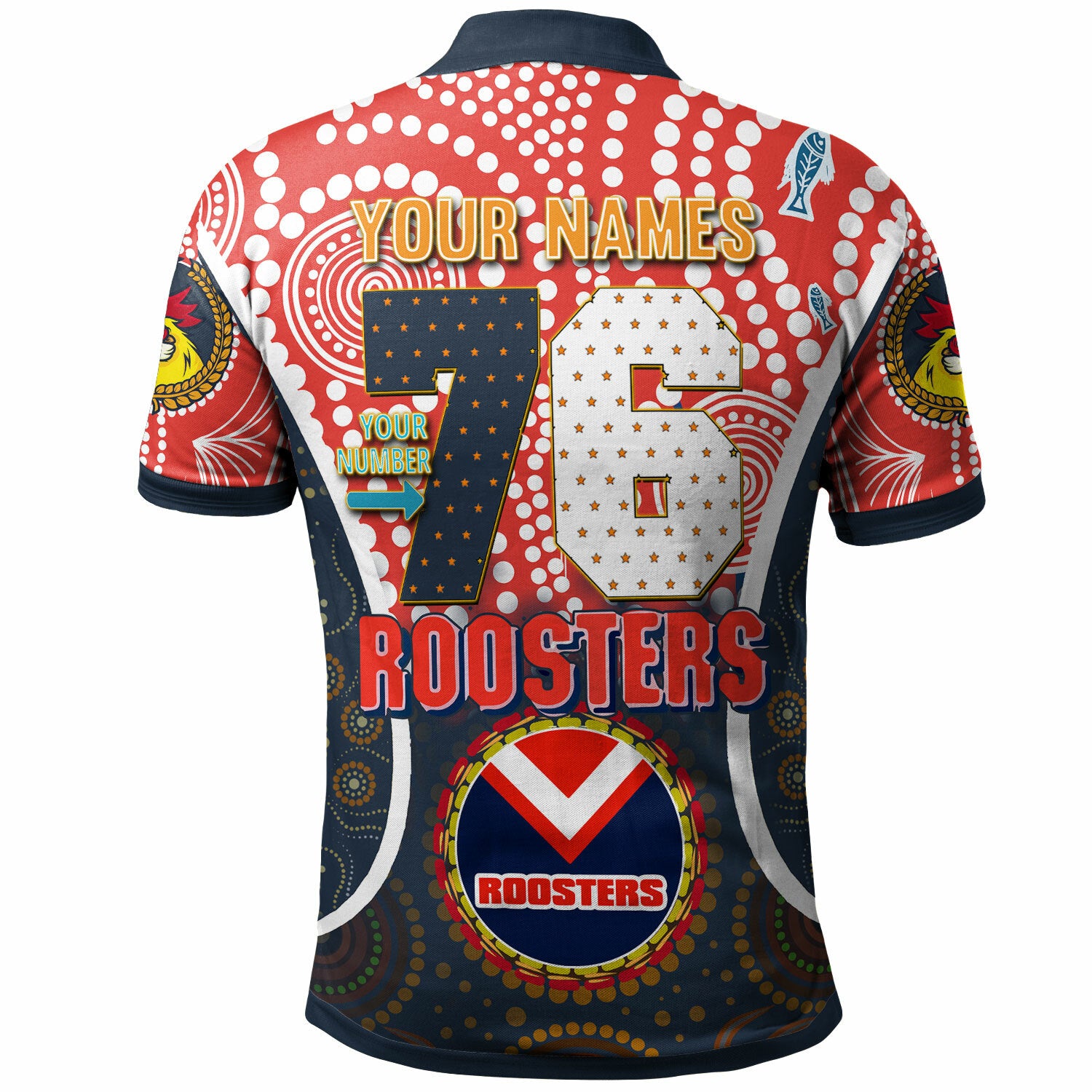 roosters-rugby-polo-shirt-custom-sydney-roosters-champion-mascot-with-aboriginal-art-personalised-player-and-number-polo-shirt