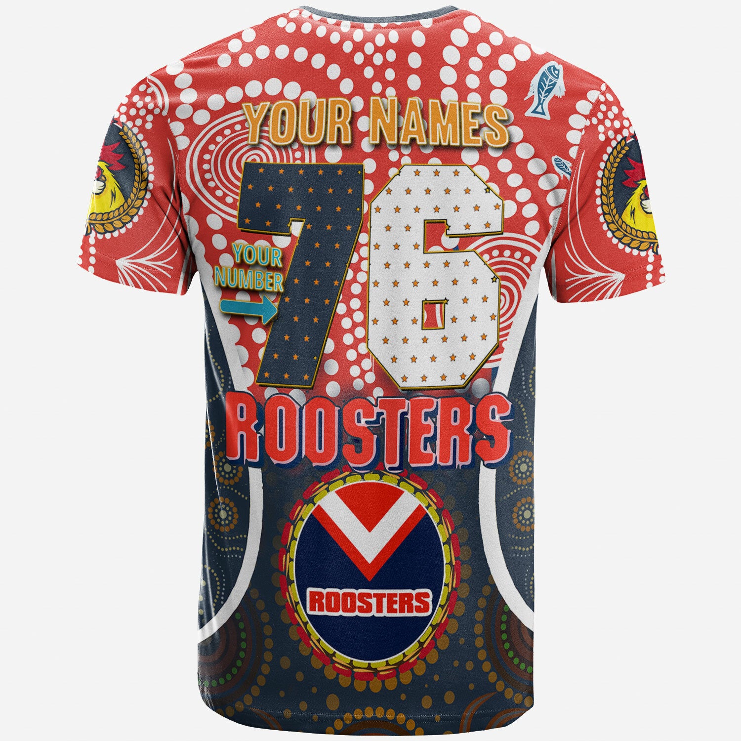roosters-rugby-t-shirt-custom-sydney-roosters-champion-mascot-with-aboriginal-art-personalised-player-and-number-t-shirt