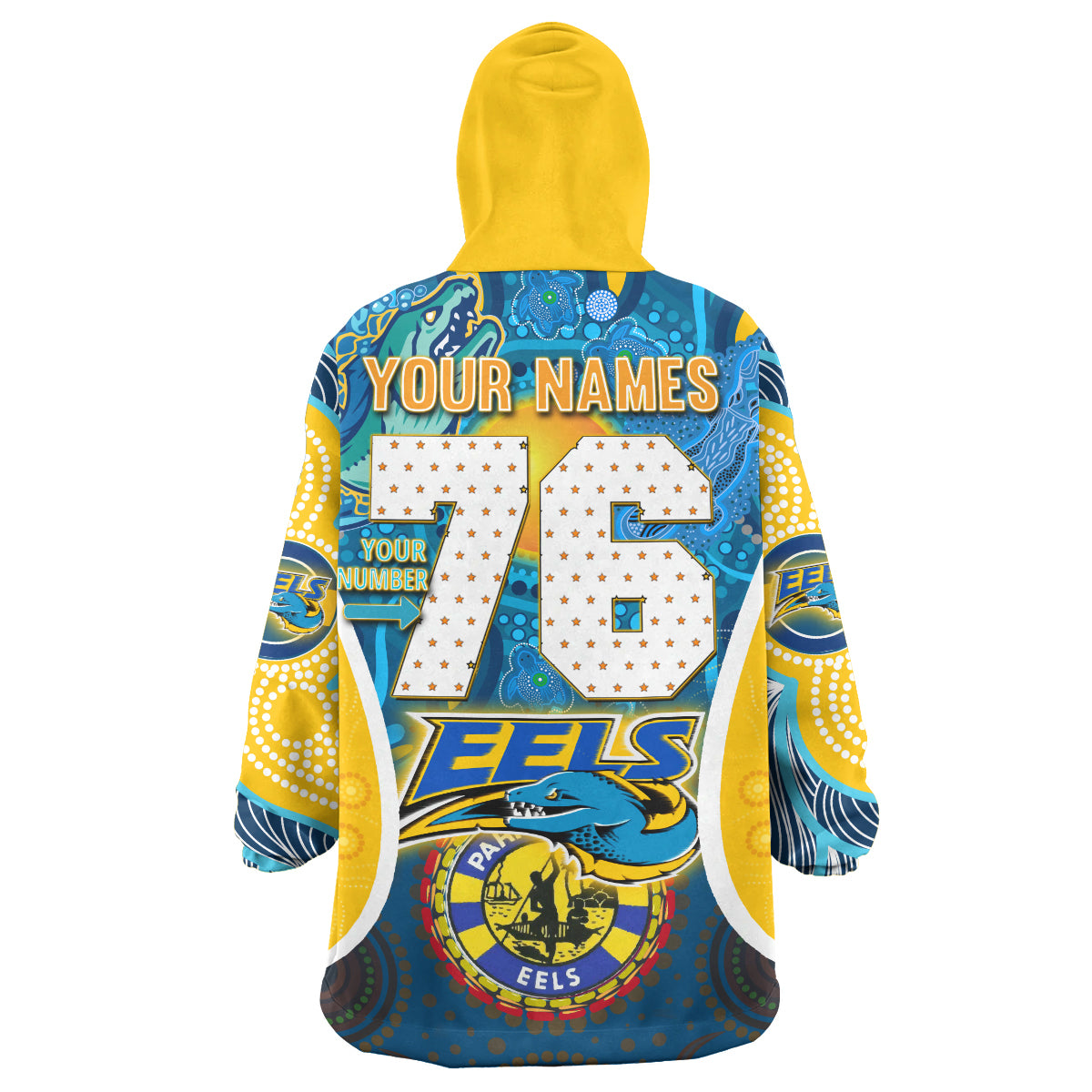 parramatta-eels-rugby-snug-hoodie-custom-eels-mascot-with-aboriginal-art-personalised-player-and-number-oodie-blanket