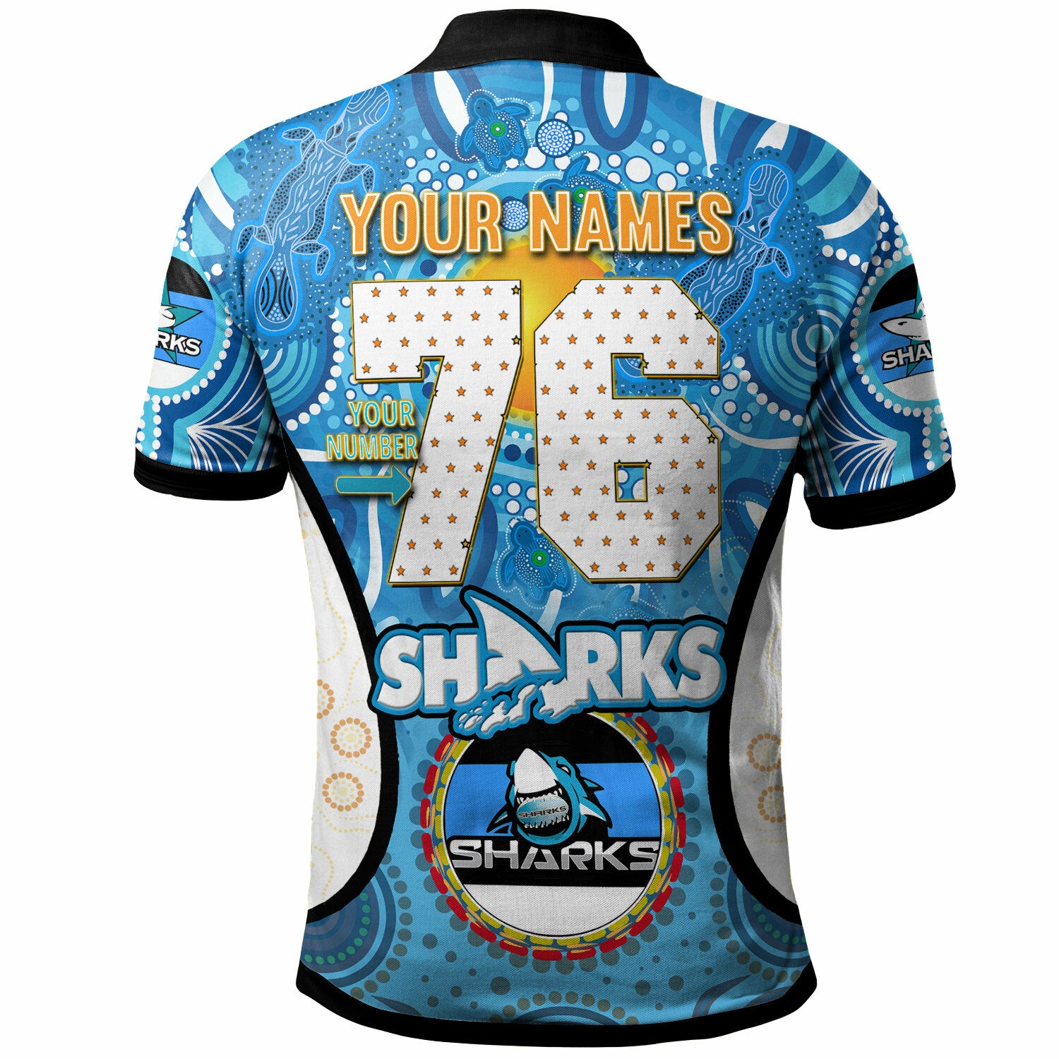 sharks-rugby-polo-shirt-custom-sharkies-mascot-with-aboriginal-art-personalised-player-and-number-polo-shirt