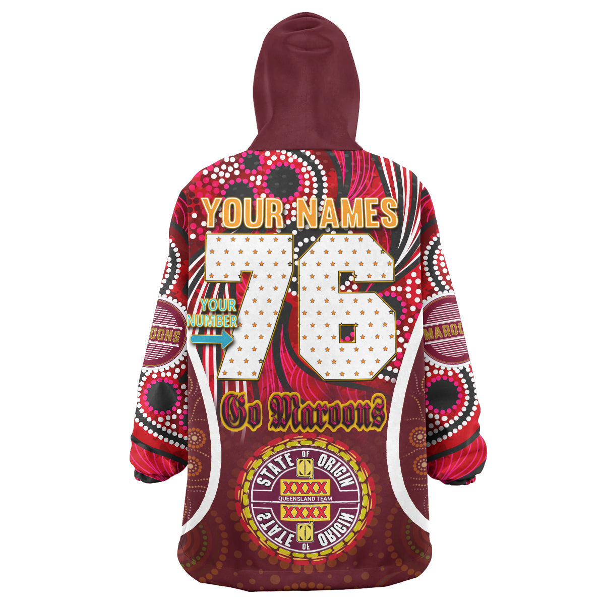 queensland-rugby-league-team-snug-hoodie-custom-qld-maroons-cane-toads-with-aboriginal-art-personalised-player-and-number-oodie-blanket