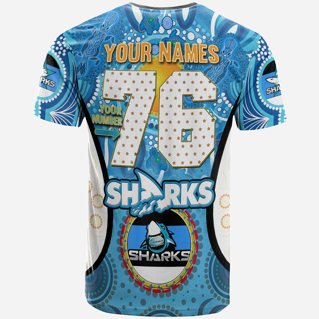 sharks-rugby-t-shirt-custom-sharkies-mascot-with-aboriginal-art-personalised-player-and-number-t-shirt