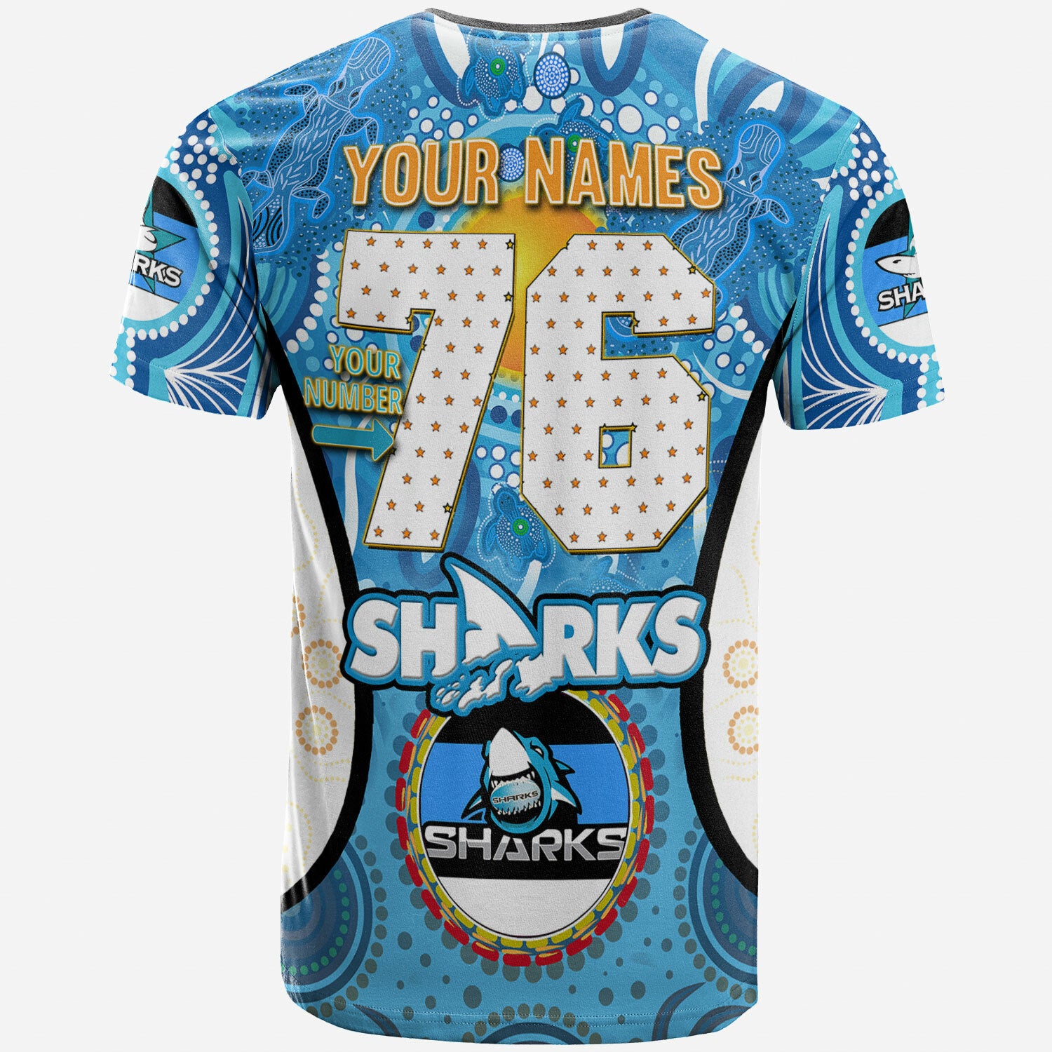 sharks-rugby-t-shirt-custom-sharkies-mascot-with-aboriginal-art-personalised-player-and-number-t-shirt