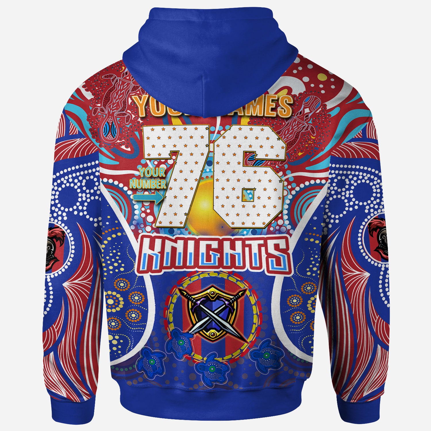 knights-rugby-hoodie-custom-indigenous-newcastle-knights-mascot-with-aboriginal-art-personalised-player-and-number-hoodie