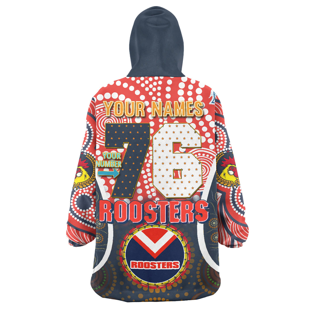roosters-rugby-snug-hoodie-custom-sydney-roosters-champion-mascot-with-aboriginal-art-personalised-player-and-number-hoodie-oodie-blanket