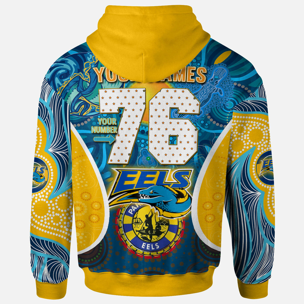 parramatta-eels-rugby-hoodie-custom-eels-mascot-with-aboriginal-art-personalised-player-and-number-hoodie