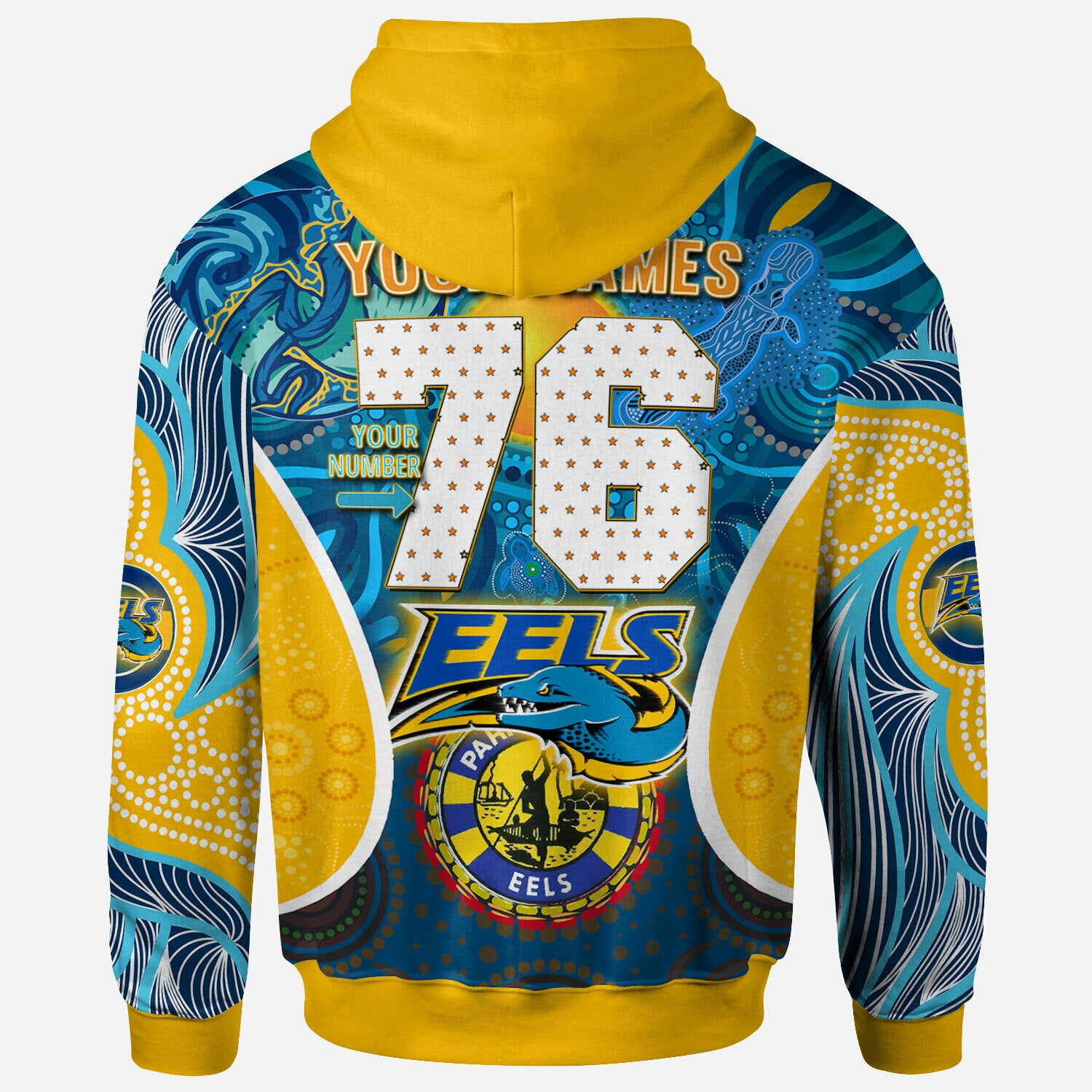 parramatta-eels-rugby-hoodie-custom-eels-mascot-with-aboriginal-art-personalised-player-and-number-hoodie
