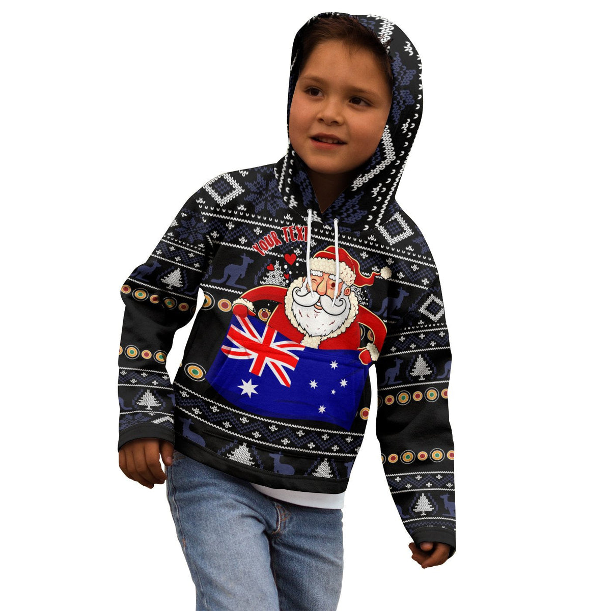 christmas-personalised-hoodie-kids-australia-santa-claus-hold-the-flag-black