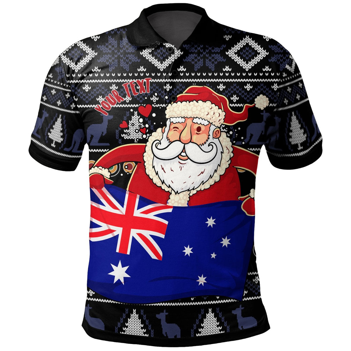 christmas-personalised-polo-shirt-australia-santa-claus-hold-the-flag-black