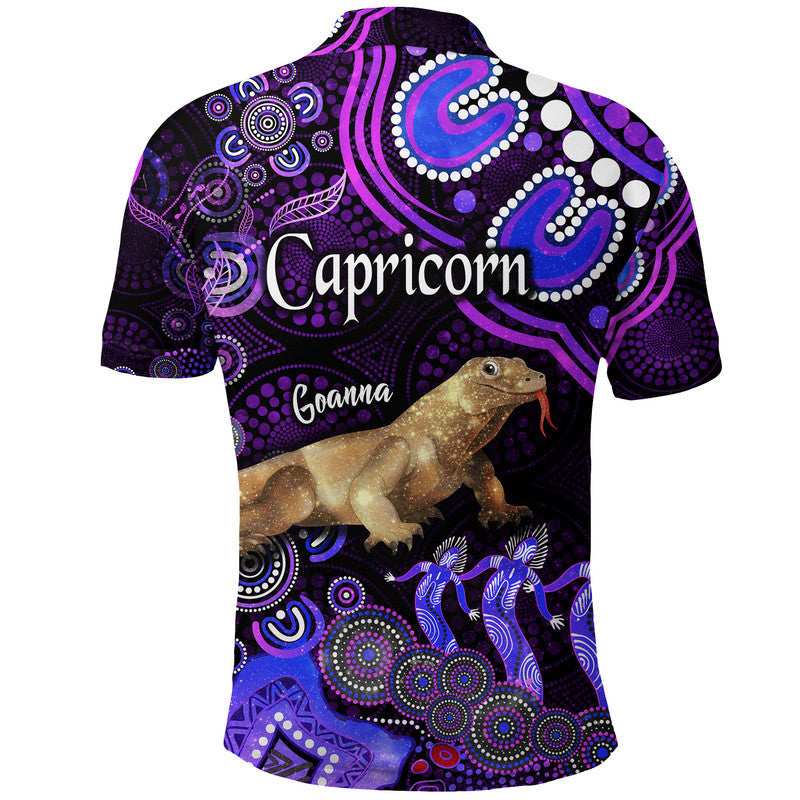 australian-astrology-polo-shirt-capricorn-goanna-zodiac-aboriginal-vibes-purple