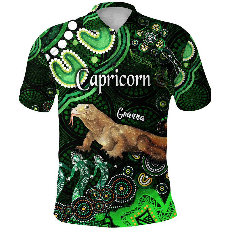australian-astrology-polo-shirt-capricorn-goanna-zodiac-aboriginal-vibes-green