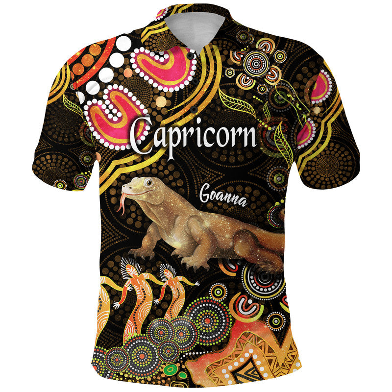 custom-personalised-australian-astrology-polo-shirt-capricorn-goanna-zodiac-aboriginal-vibes-gold