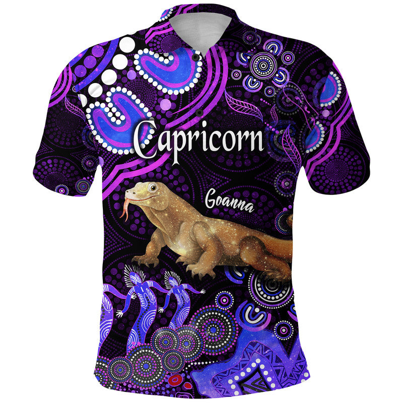 australian-astrology-polo-shirt-capricorn-goanna-zodiac-aboriginal-vibes-purple