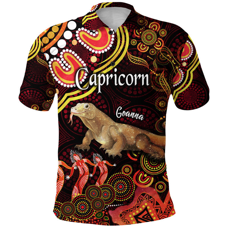 custom-personalised-australian-astrology-polo-shirt-capricorn-goanna-zodiac-aboriginal-vibes-red