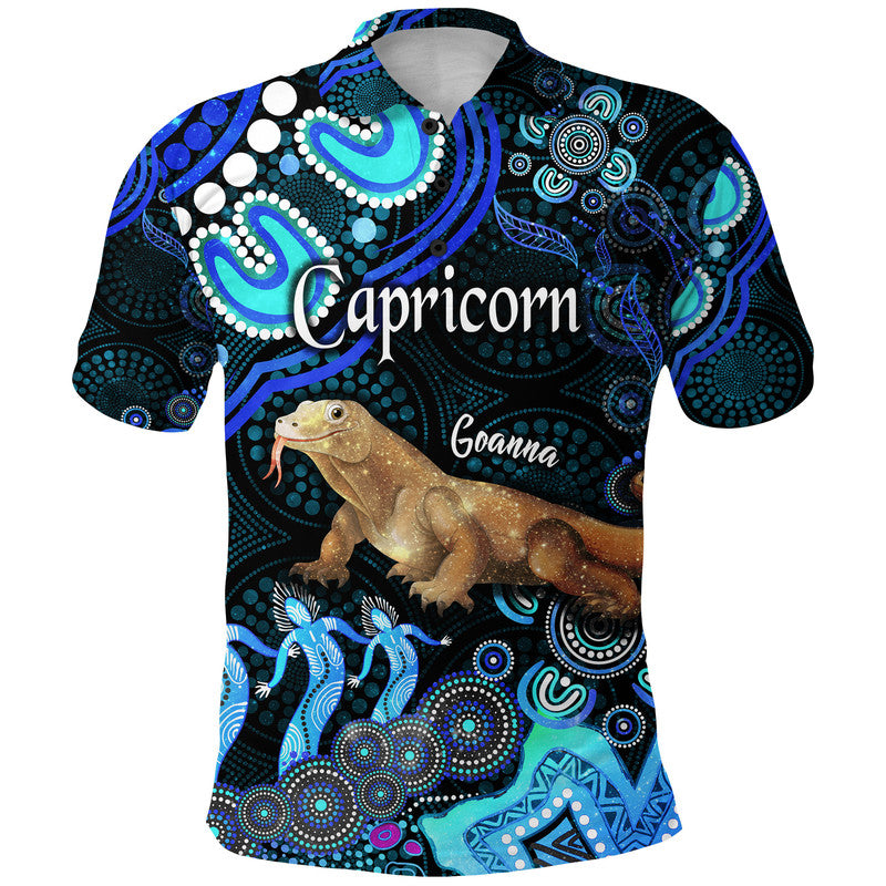 australian-astrology-polo-shirt-capricorn-goanna-zodiac-aboriginal-vibes-blue
