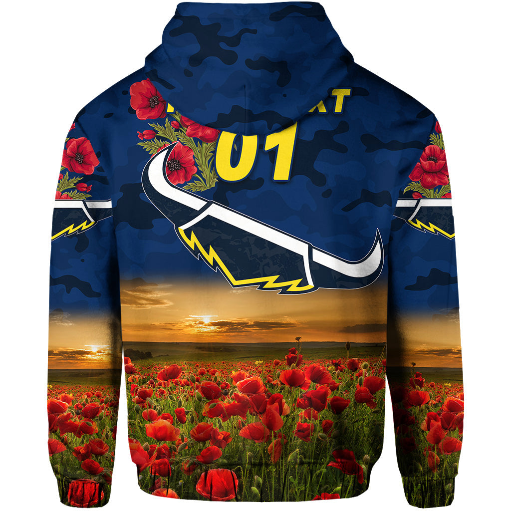 (Custom Personalised) North Queensland Cowboys ANZAC 2022 Zip Up And Pullover Hoodie Poppy Flowers Vibes - Blue LT8