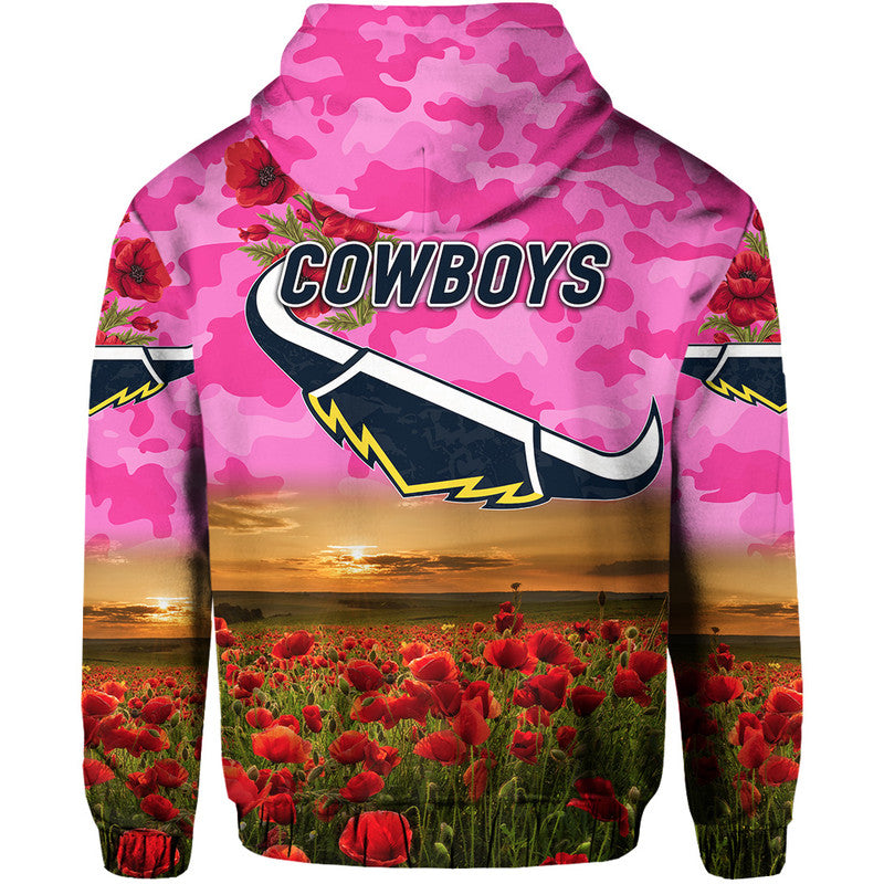 North Queensland Cowboys ANZAC 2022 Zip Up And Pullover Hoodie Poppy Flowers Vibes - Pink LT8