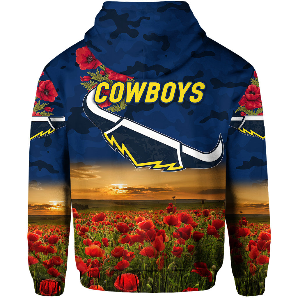 North Queensland Cowboys ANZAC 2022 Zip Up And Pullover Hoodie Poppy Flowers Vibes - Blue LT8