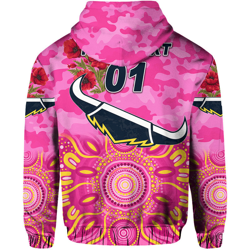 (Custom Personalised) North Queensland Cowboys ANZAC 2022 Zip Up And Pullover Hoodie Indigenous Vibes - Pink LT8