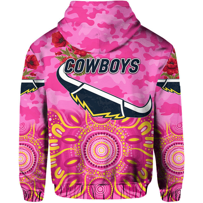 North Queensland Cowboys ANZAC 2022 Zip Up And Pullover Hoodie Indigenous Vibes - Pink LT8