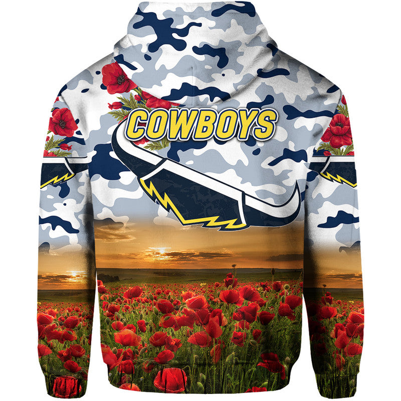 North Queensland Cowboys ANZAC 2022 Zip Up And Pullover Hoodie Poppy Flowers Vibes - White LT8