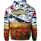 North Queensland Cowboys ANZAC 2022 Zip Up And Pullover Hoodie Poppy Flowers Vibes - White LT8