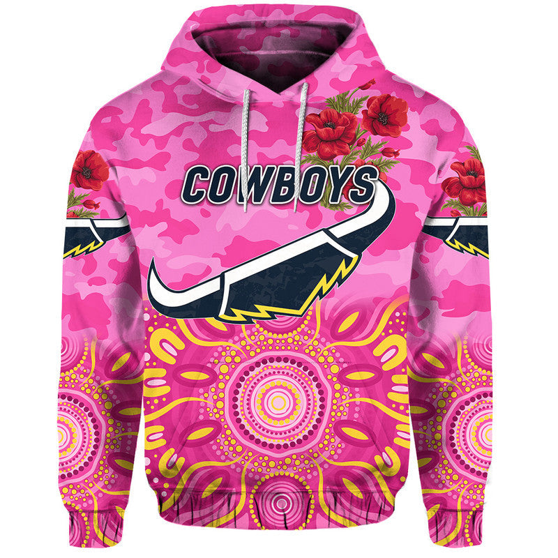 (Custom Personalised) North Queensland Cowboys ANZAC 2022 Zip Up And Pullover Hoodie Indigenous Vibes - Pink LT8