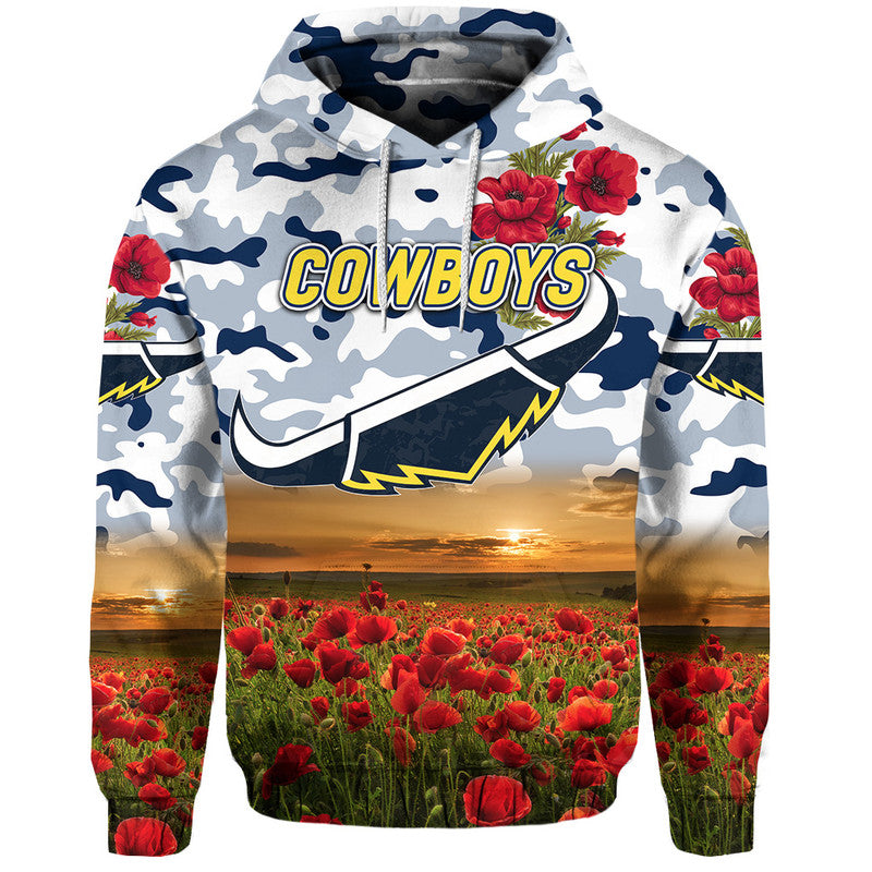 (Custom Personalised) North Queensland Cowboys ANZAC 2022 Zip Up And Pullover Hoodie Poppy Flowers Vibes - White LT8