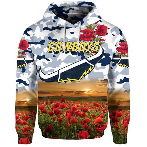 North Queensland Cowboys ANZAC 2022 Zip Up And Pullover Hoodie Poppy Flowers Vibes - White LT8