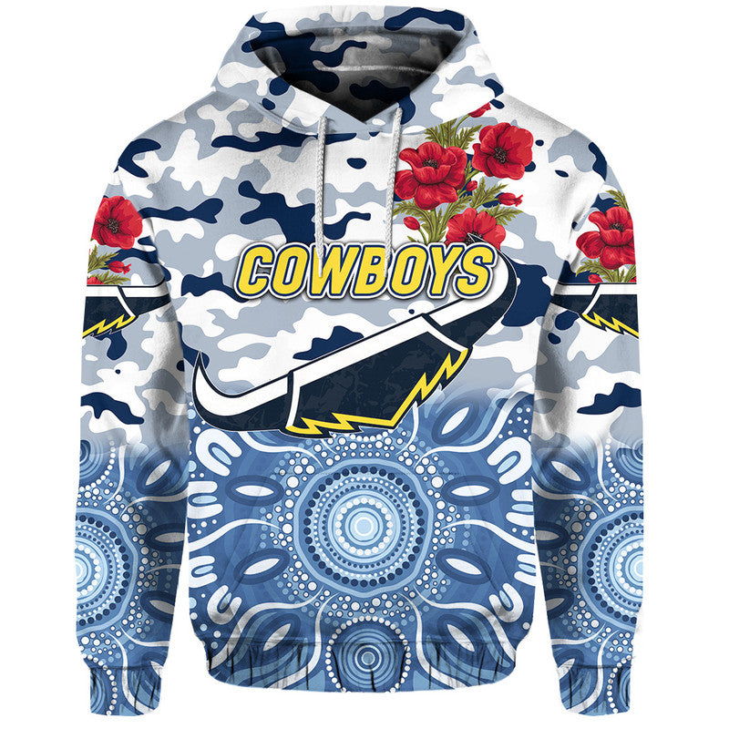 (Custom Personalised) North Queensland Cowboys ANZAC 2022 Zip Up And Pullover Hoodie Indigenous Vibes - White LT8