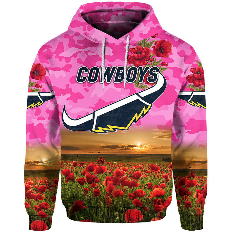 (Custom Personalised) North Queensland Cowboys ANZAC 2022 Zip Up And Pullover Hoodie Poppy Flowers Vibes - Pink LT8