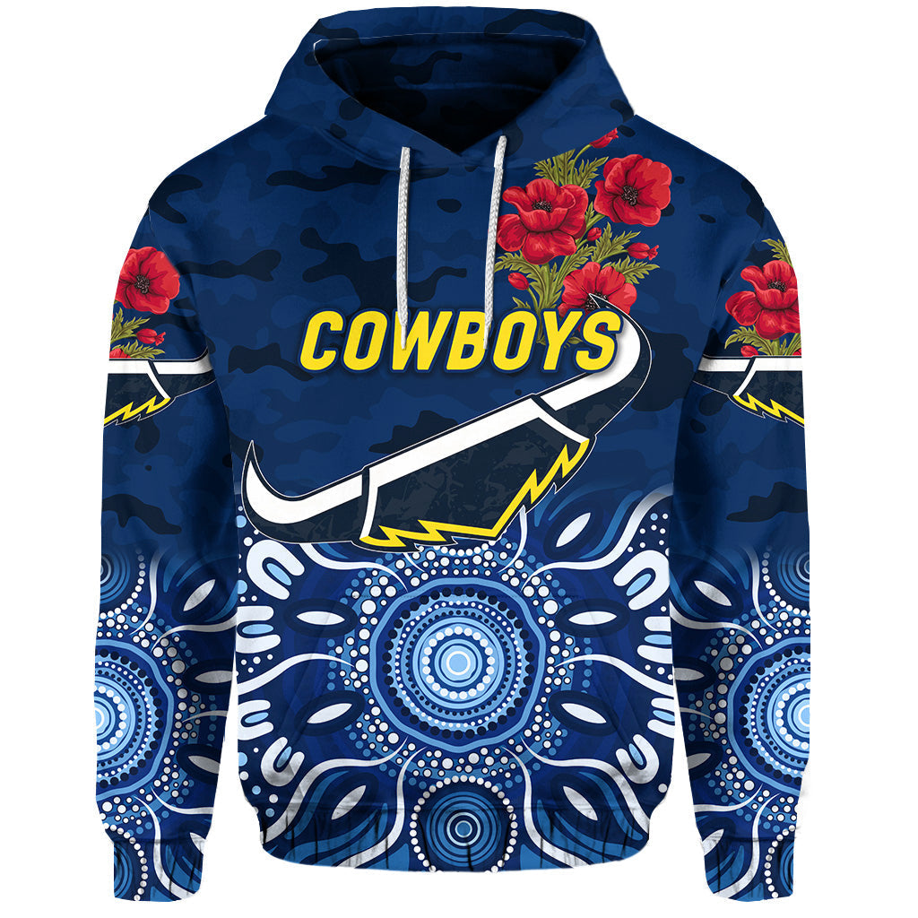 (Custom Personalised) North Queensland Cowboys ANZAC 2022 Zip Up And Pullover Hoodie Indigenous Vibes - Blue LT8