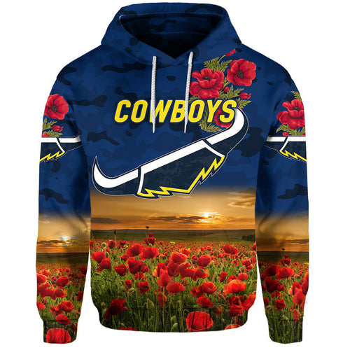 (Custom Personalised) North Queensland Cowboys ANZAC 2022 Zip Up And Pullover Hoodie Poppy Flowers Vibes - Blue LT8