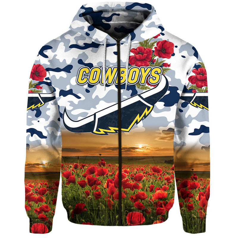 (Custom Personalised) North Queensland Cowboys ANZAC 2022 Zip Up And Pullover Hoodie Poppy Flowers Vibes - White LT8