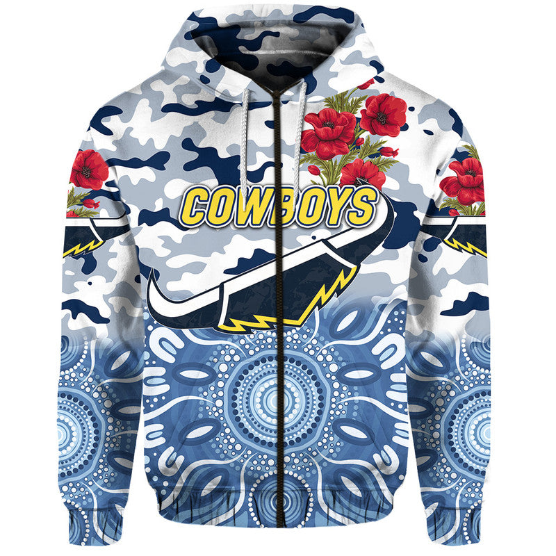 (Custom Personalised) North Queensland Cowboys ANZAC 2022 Zip Up And Pullover Hoodie Indigenous Vibes - White LT8