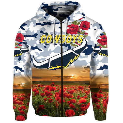 North Queensland Cowboys ANZAC 2022 Zip Up And Pullover Hoodie Poppy Flowers Vibes - White LT8