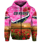 North Queensland Cowboys ANZAC 2022 Zip Up And Pullover Hoodie Poppy Flowers Vibes - Pink LT8