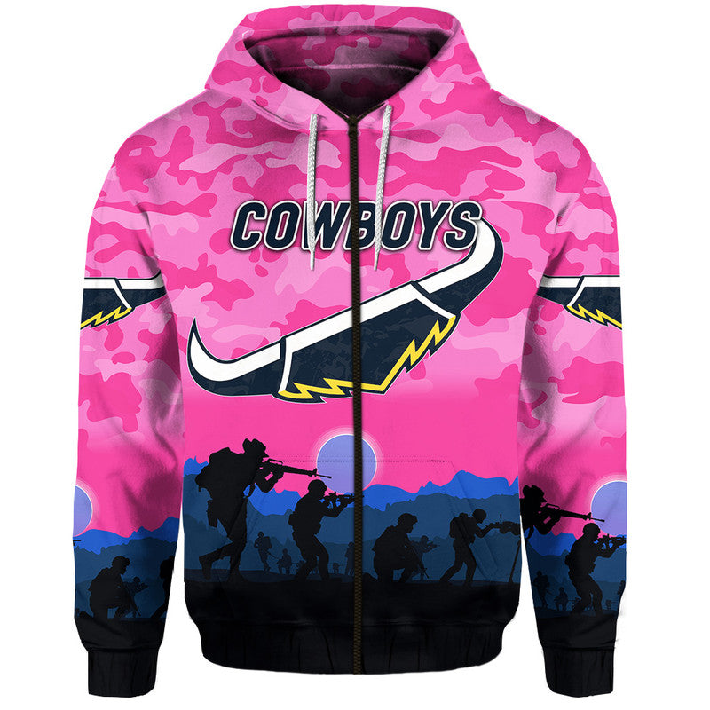 North Queensland Cowboys ANZAC 2022 Zip Up And Pullover Hoodie Simple Style - Pink LT8