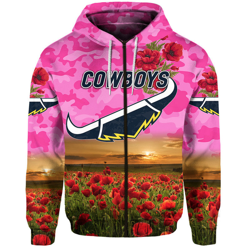(Custom Personalised) North Queensland Cowboys ANZAC 2022 Zip Up And Pullover Hoodie Poppy Flowers Vibes - Pink LT8