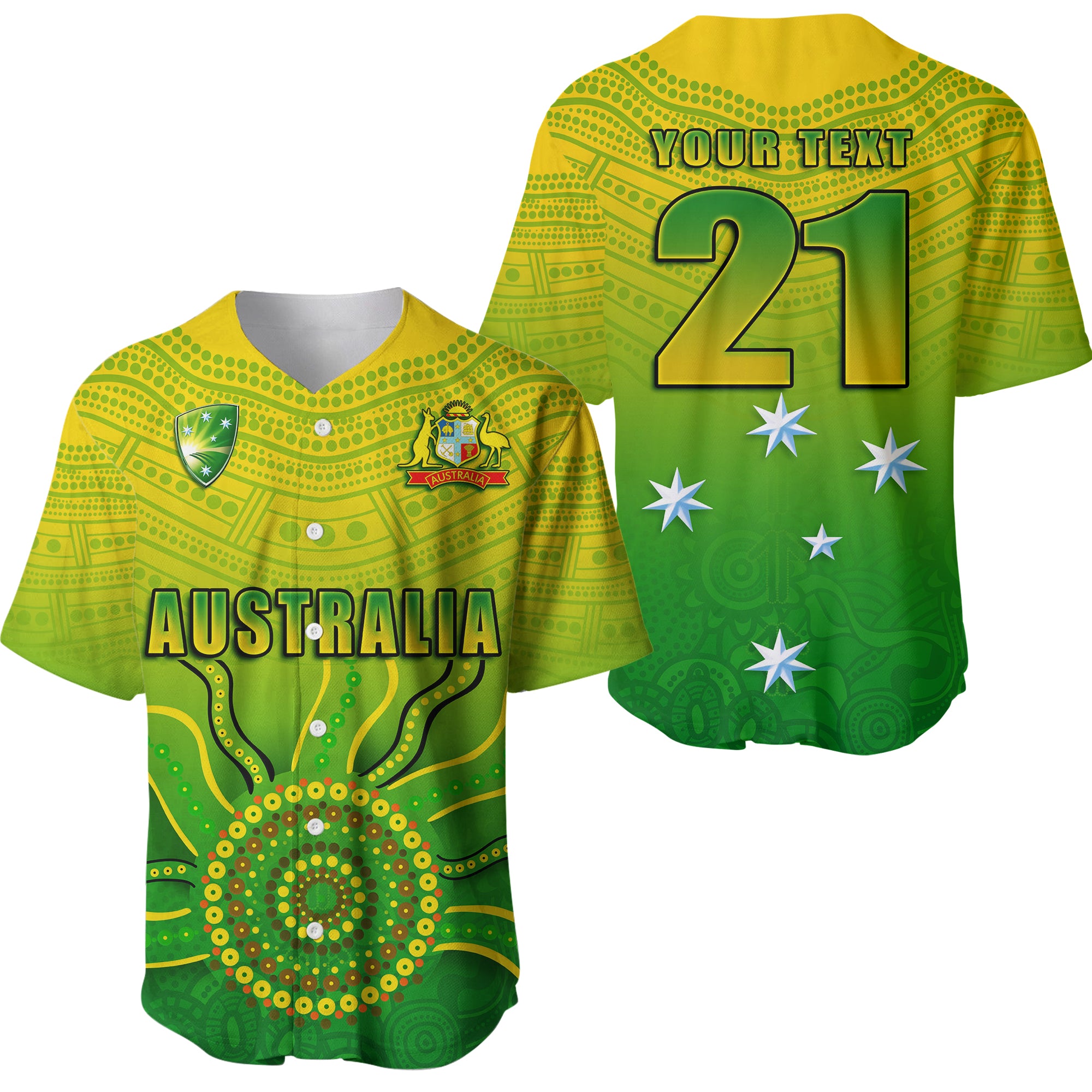 (Custom Personalised) Cricket Australia Indigenous Aboriginal Baseball Jersey Boomerang Dot Painting Style LT9