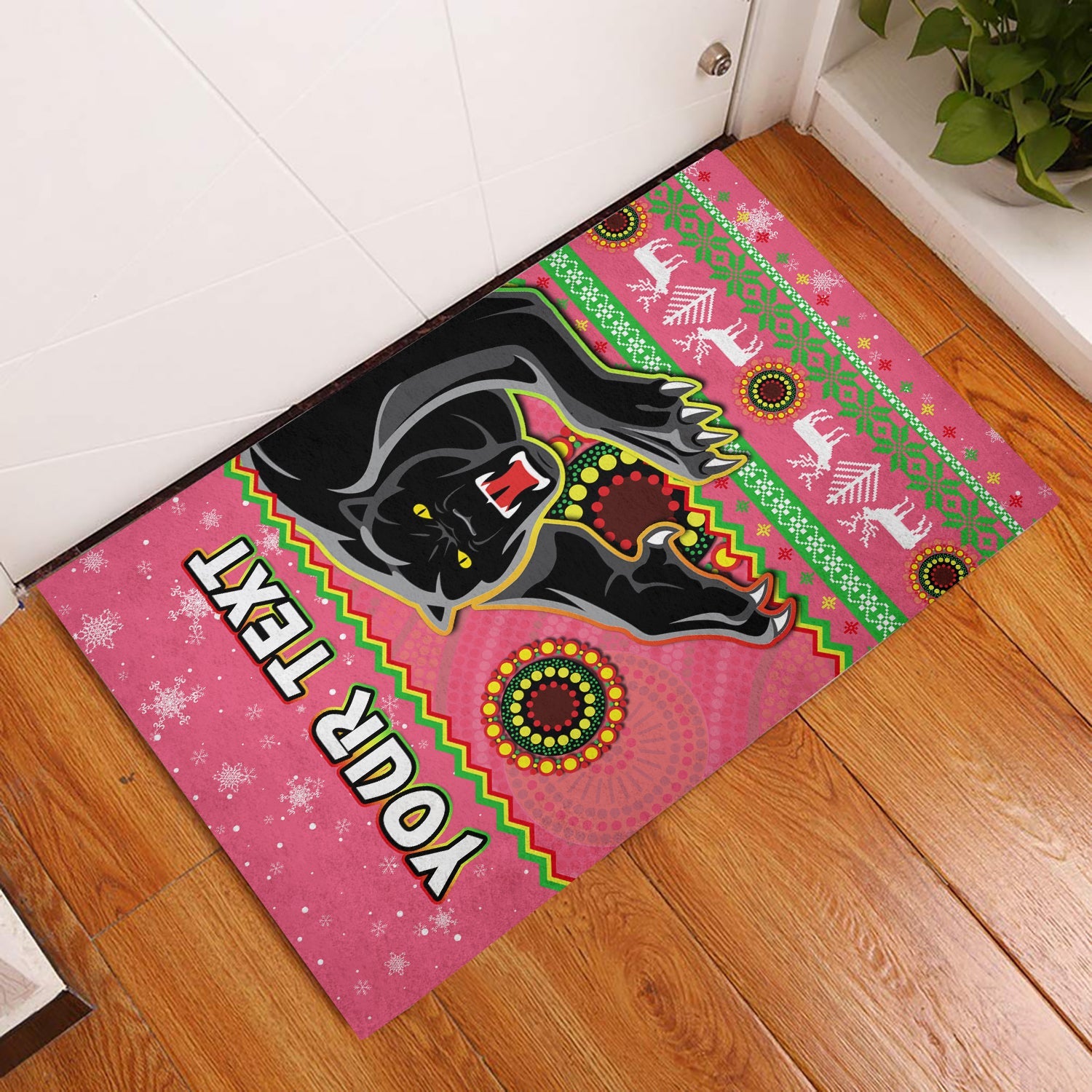 custom-personalised-panthers-christmas-door-mat-aboriginal-pattern-penrith-pink-version
