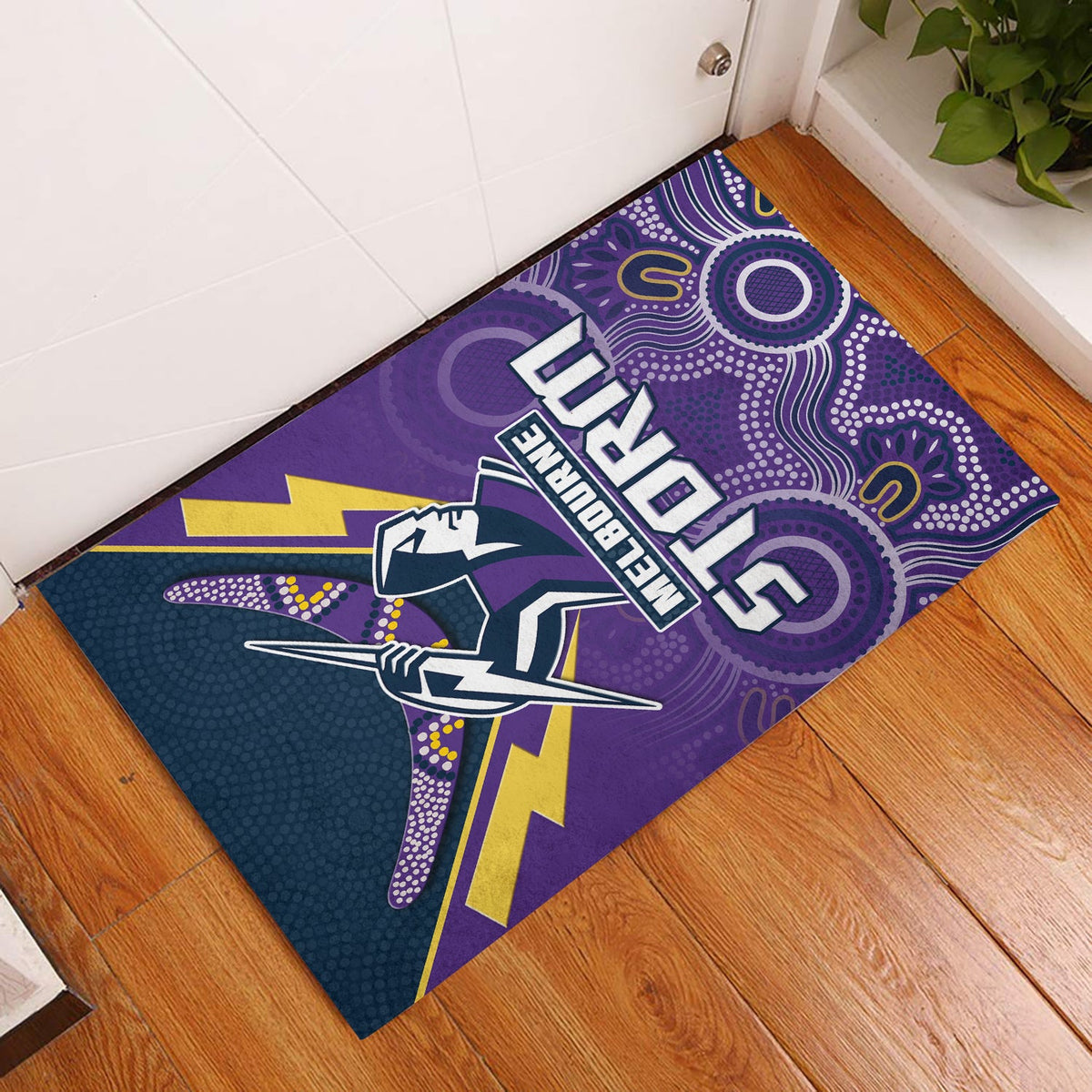 melbourne-storm-rugby-door-mat-indigenous-boomerang-gradient-style