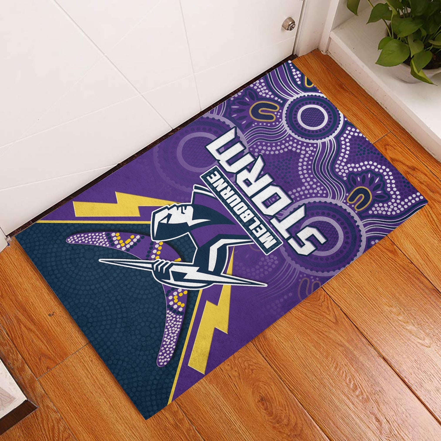 melbourne-storm-rugby-door-mat-indigenous-boomerang-gradient-style