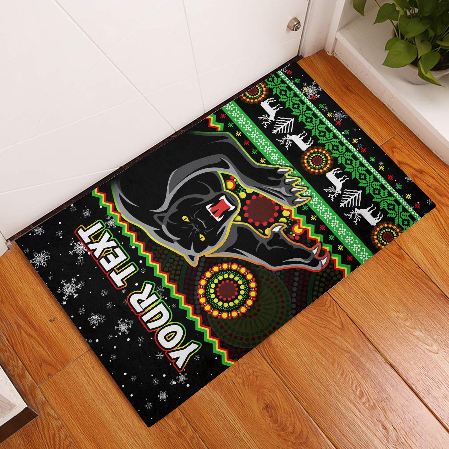 custom-personalised-panthers-christmas-door-mat-aboriginal-pattern-penrith-black-version