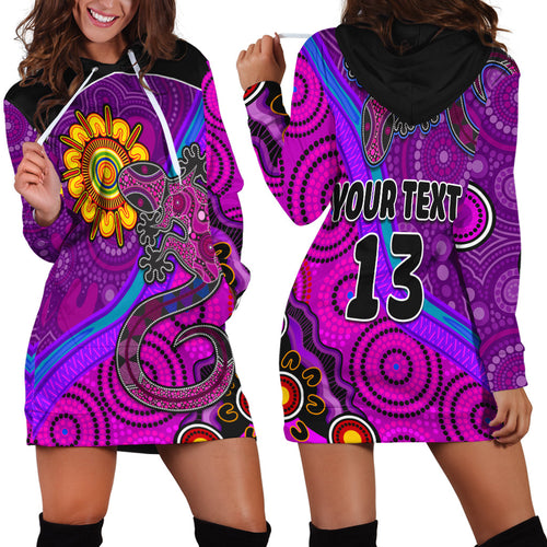 custom-text-and-number-australia-lizard-and-sun-hoodie-dress-aboriginal-art-purple