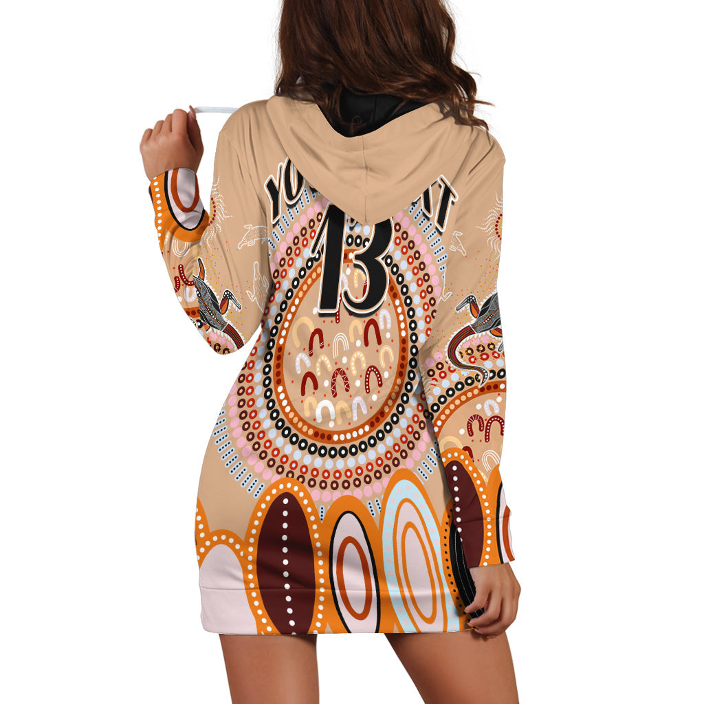 custom-text-and-number-aboriginal-stand-up-hoodie-dress-circle-dot-with-lizard-version-peachpuff