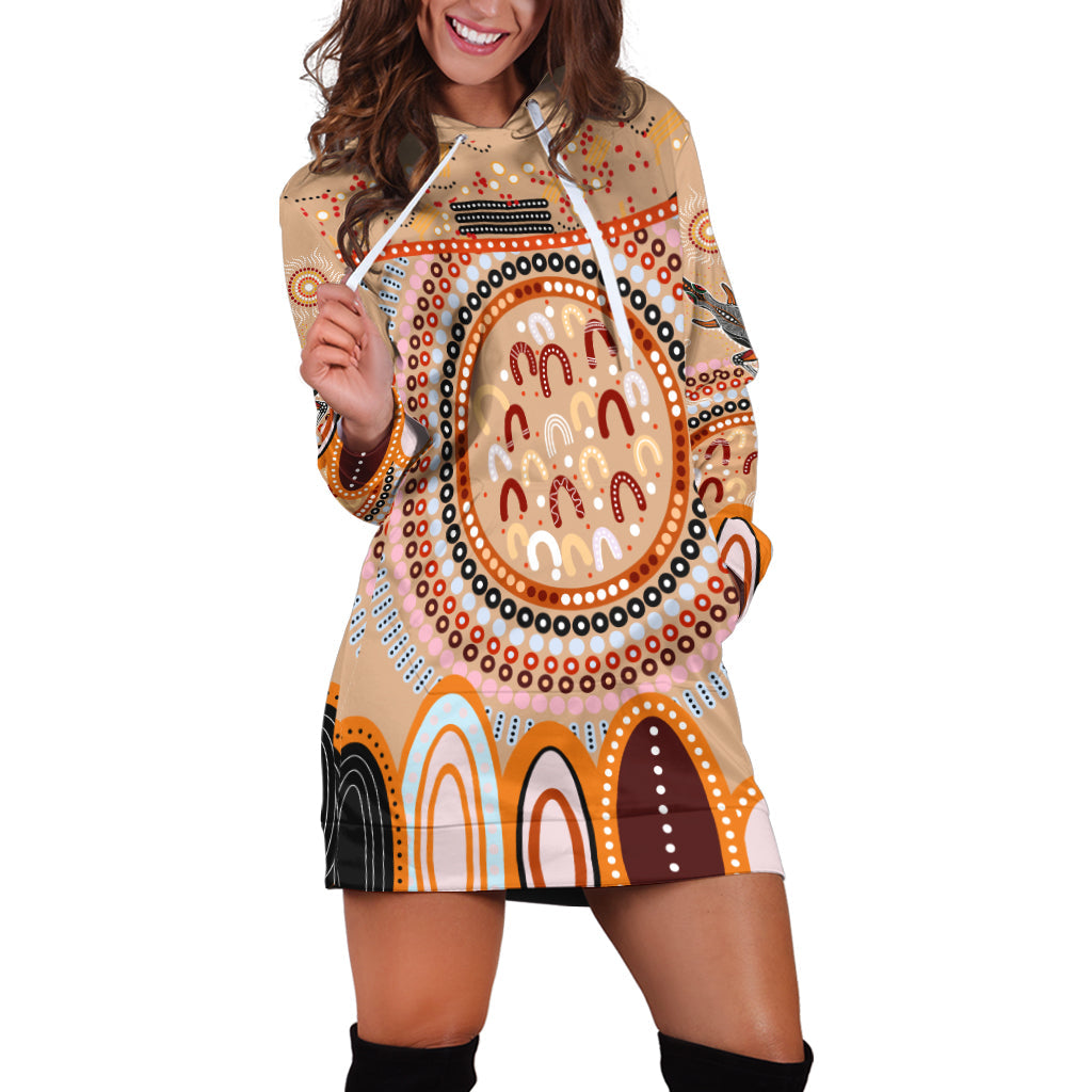 custom-text-and-number-aboriginal-stand-up-hoodie-dress-circle-dot-with-lizard-version-peachpuff