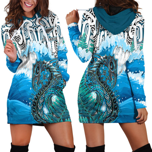 custom-personalised-manaia-maori-hoodie-dress-fern-aotearoa-blue-waves