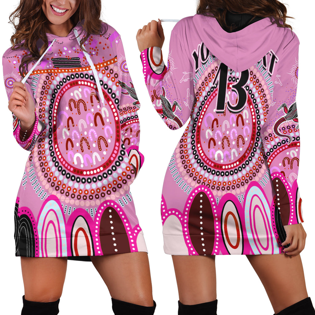 custom-text-and-number-aboriginal-stand-up-hoodie-dress-circle-dot-with-lizard-version-pink