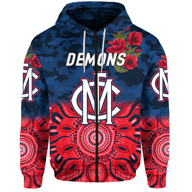 (Custom Personalised) Melbourne Demons ANZAC Zip Up And Pullover Hoodie Indigenous Vibes LT8